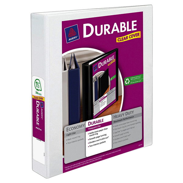 slide 1 of 1, Avery Durable View Binder with 1-1/2" Slant Ring, White, 1 ct