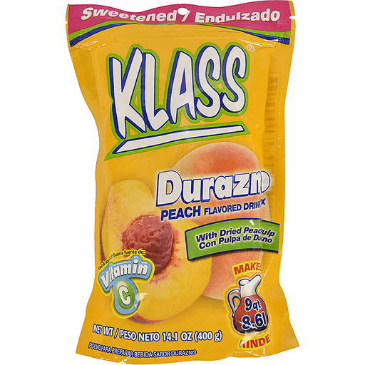 slide 1 of 1, Klass Durazno Peach Flavored Sweetened Drink Mix, 14.1 oz