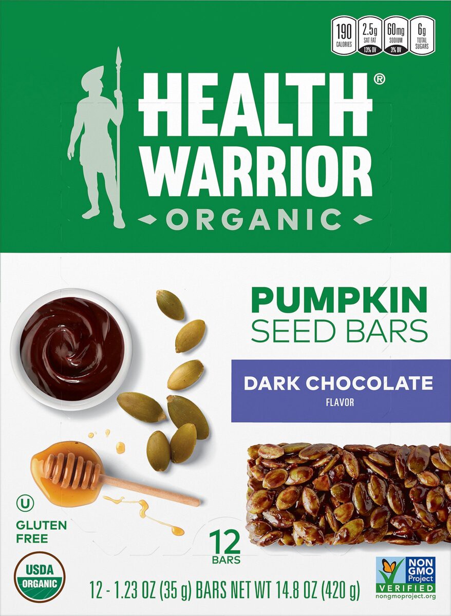 slide 2 of 11, Health Warrior Organic Pumpkin Seed Bars Dark Chocolate Flavor 1.23 Oz 12 Count, 14.8 oz