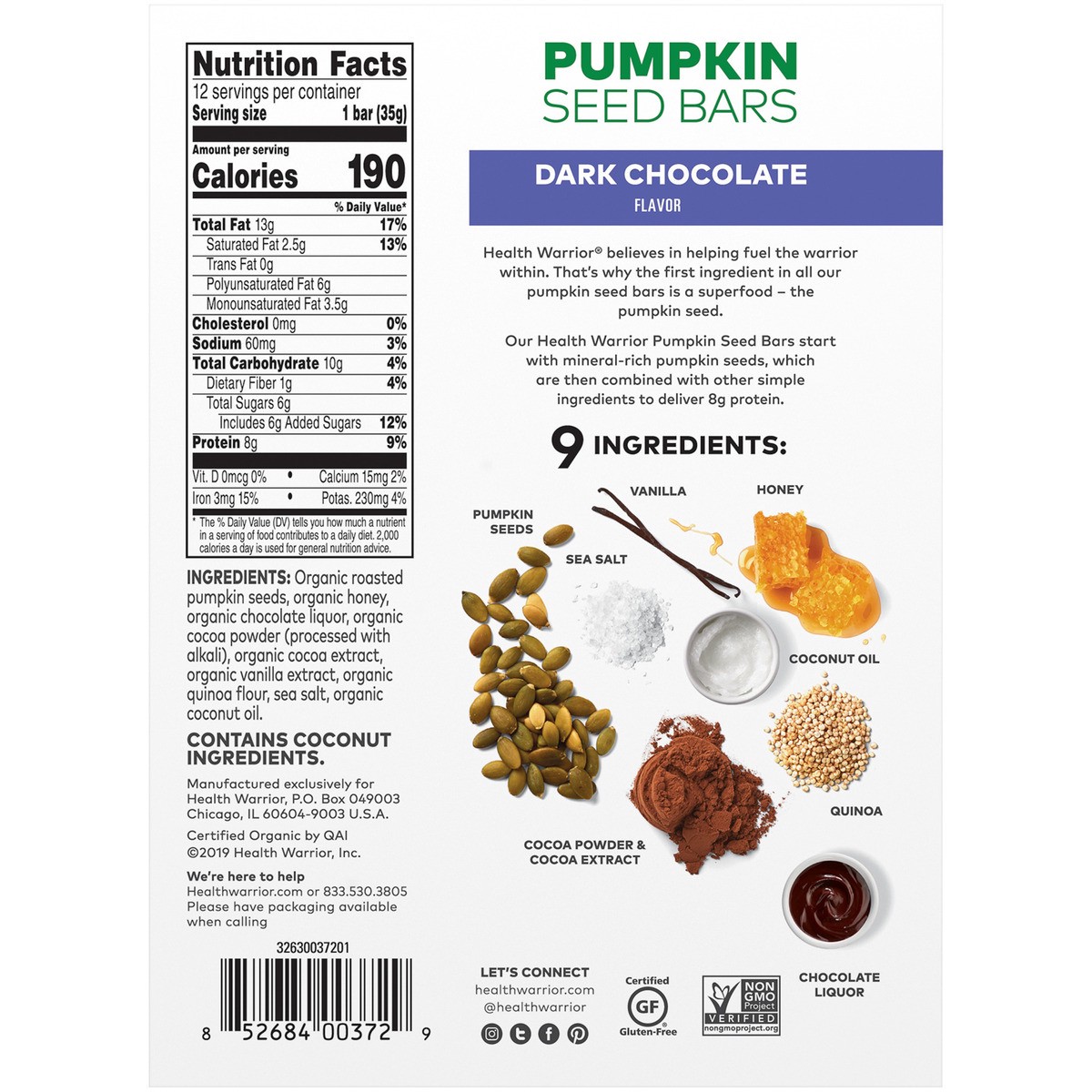 slide 8 of 11, Health Warrior Organic Pumpkin Seed Bars Dark Chocolate Flavor 1.23 Oz 12 Count, 14.8 oz