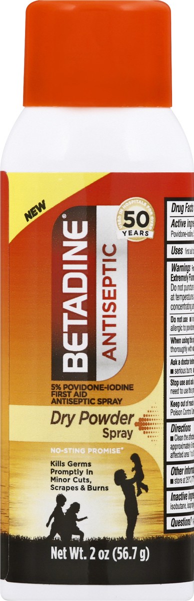 slide 5 of 9, Betadine Antiseptic Dry Powder First Aid Spray, Povidone-iodine 5%, Infection Protection, Kills Germs In Minor Cuts Scrapes And Burns, No Mess, No Drip, No Sting Promise, No Alcohol, 2 FL OZ, 2 oz