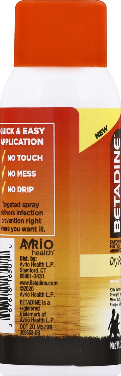 slide 4 of 9, Betadine Antiseptic Dry Powder First Aid Spray, Povidone-iodine 5%, Infection Protection, Kills Germs In Minor Cuts Scrapes And Burns, No Mess, No Drip, No Sting Promise, No Alcohol, 2 FL OZ, 2 oz