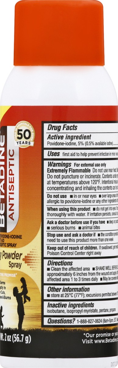 slide 6 of 9, Betadine Antiseptic Dry Powder First Aid Spray, Povidone-iodine 5%, Infection Protection, Kills Germs In Minor Cuts Scrapes And Burns, No Mess, No Drip, No Sting Promise, No Alcohol, 2 FL OZ, 2 oz