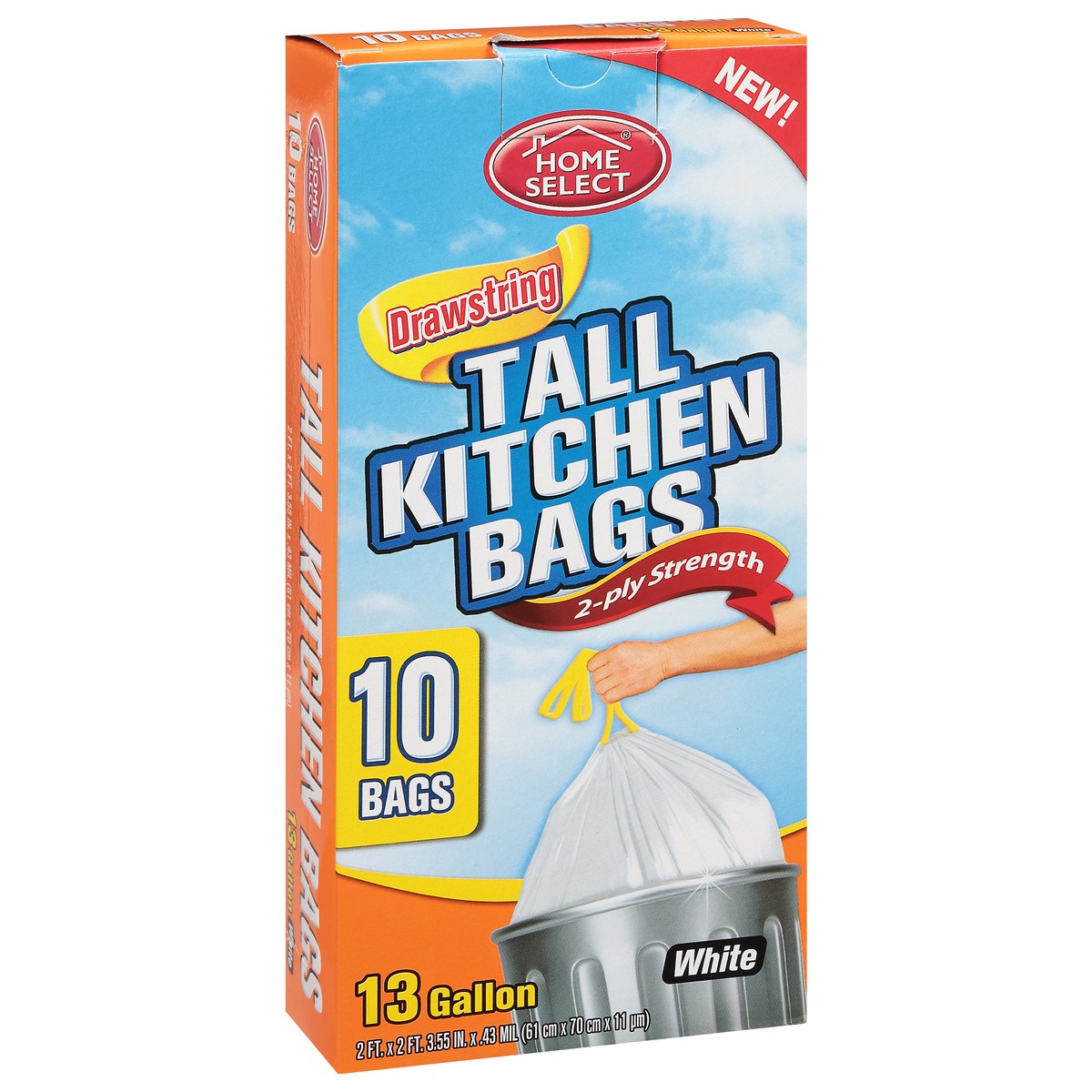 slide 6 of 9, Home Select White 13 Gallon 2-Ply Strength Drawstring Tall Kitchen Bags 10 ea, 10 ct