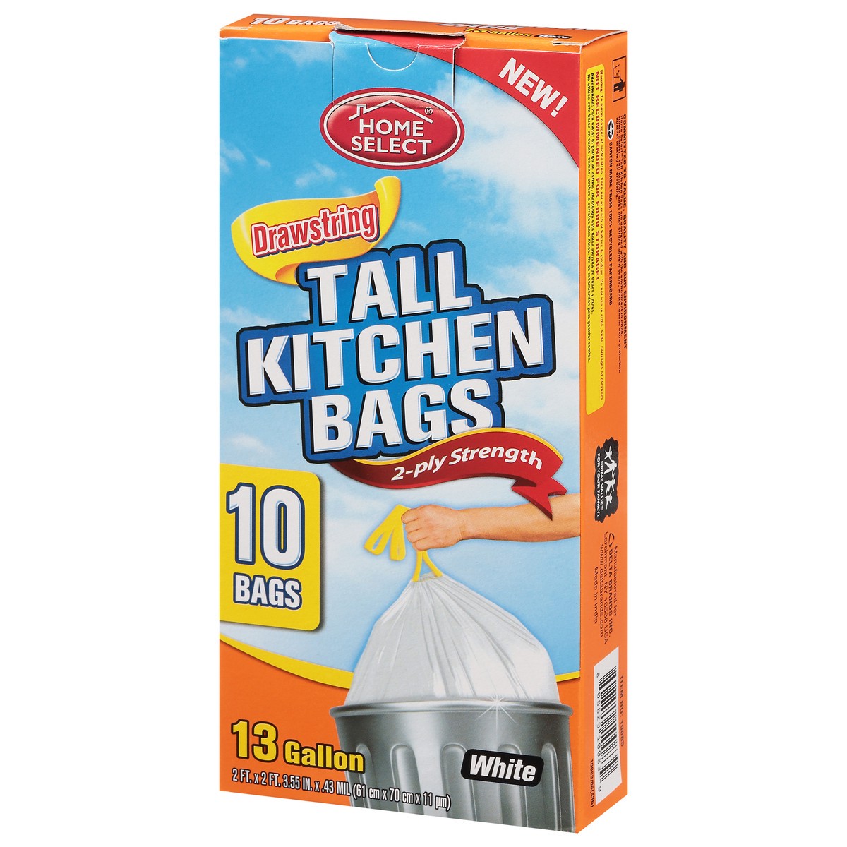 slide 2 of 9, Home Select White 13 Gallon 2-Ply Strength Drawstring Tall Kitchen Bags 10 ea, 10 ct