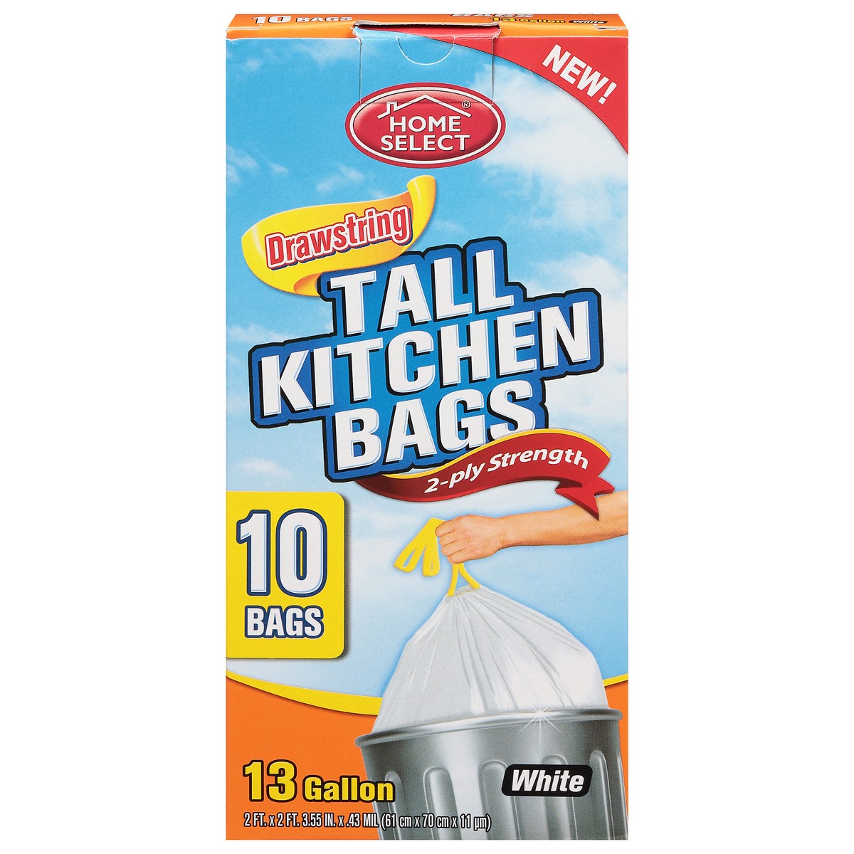 slide 5 of 9, Home Select White 13 Gallon 2-Ply Strength Drawstring Tall Kitchen Bags 10 ea, 10 ct