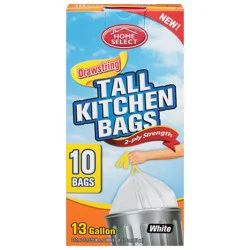 Home Select White 13 Gallon 2-Ply Strength Drawstring Tall Kitchen Bags 10 ea