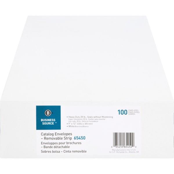 slide 3 of 7, Business Source Self Sealing Catalog Envelope - Catalog - 9"" Width x 12"" Length - 28 lb - Peel & Seal - White - Wove - 100 / Box, 100 ct