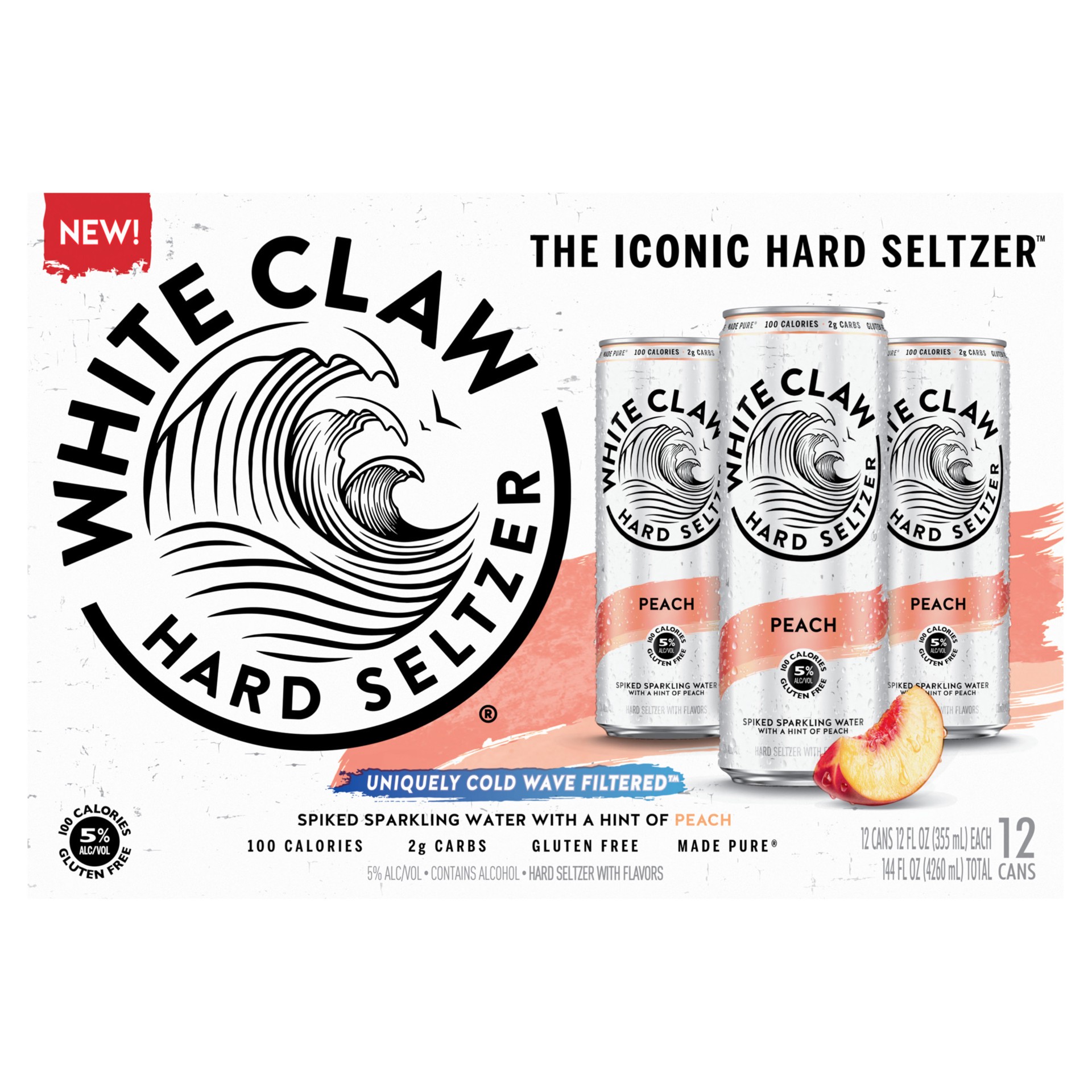 slide 3 of 10, White Claw Hard Seltzer Peach, 12 Pack, 12 fl oz Cans, 5% ABV, 12 ct; 12 oz
