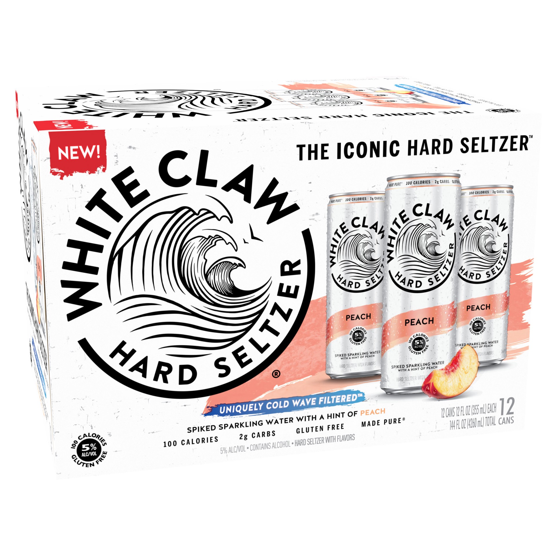 slide 9 of 10, White Claw Hard Seltzer Peach, 12 Pack, 12 fl oz Cans, 5% ABV, 12 ct; 12 oz