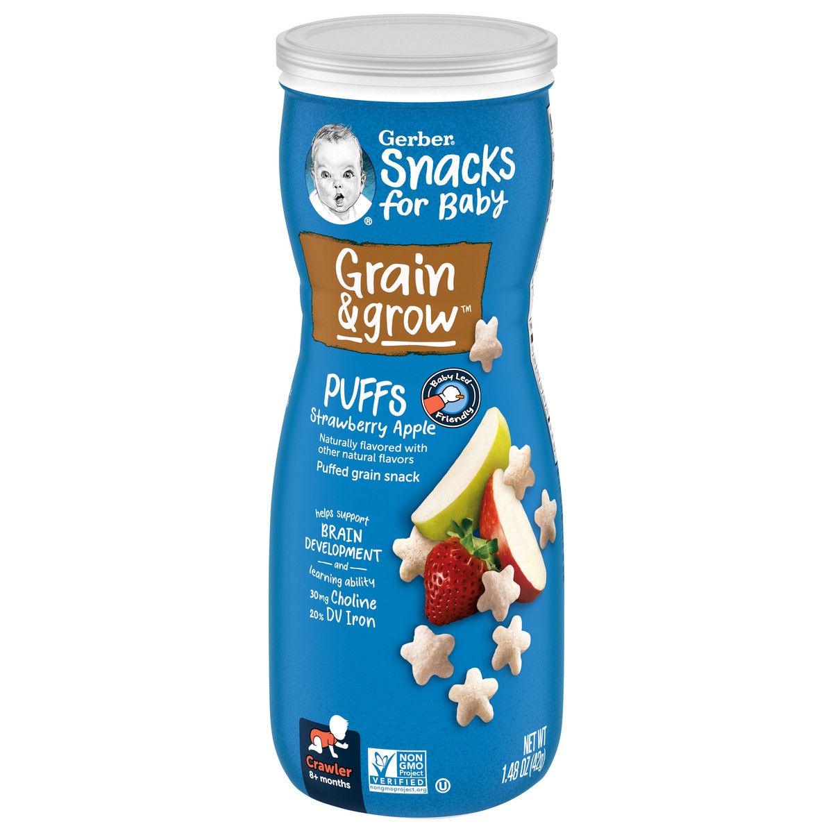 slide 3 of 15, Gerber Snacks For Baby Crawler Grain & Grow Strawberry Apple Puffs Stage 2, 1.48 oz Snacks Canister, 1.48 oz
