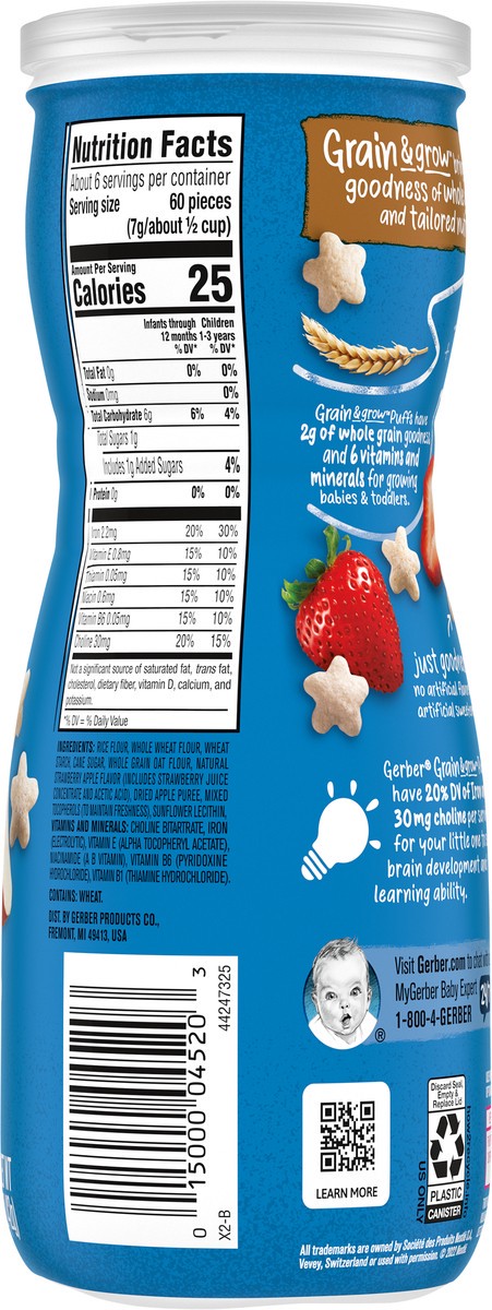 slide 11 of 15, Gerber Snacks For Baby Crawler Grain & Grow Strawberry Apple Puffs Stage 2, 1.48 oz Snacks Canister, 1.48 oz