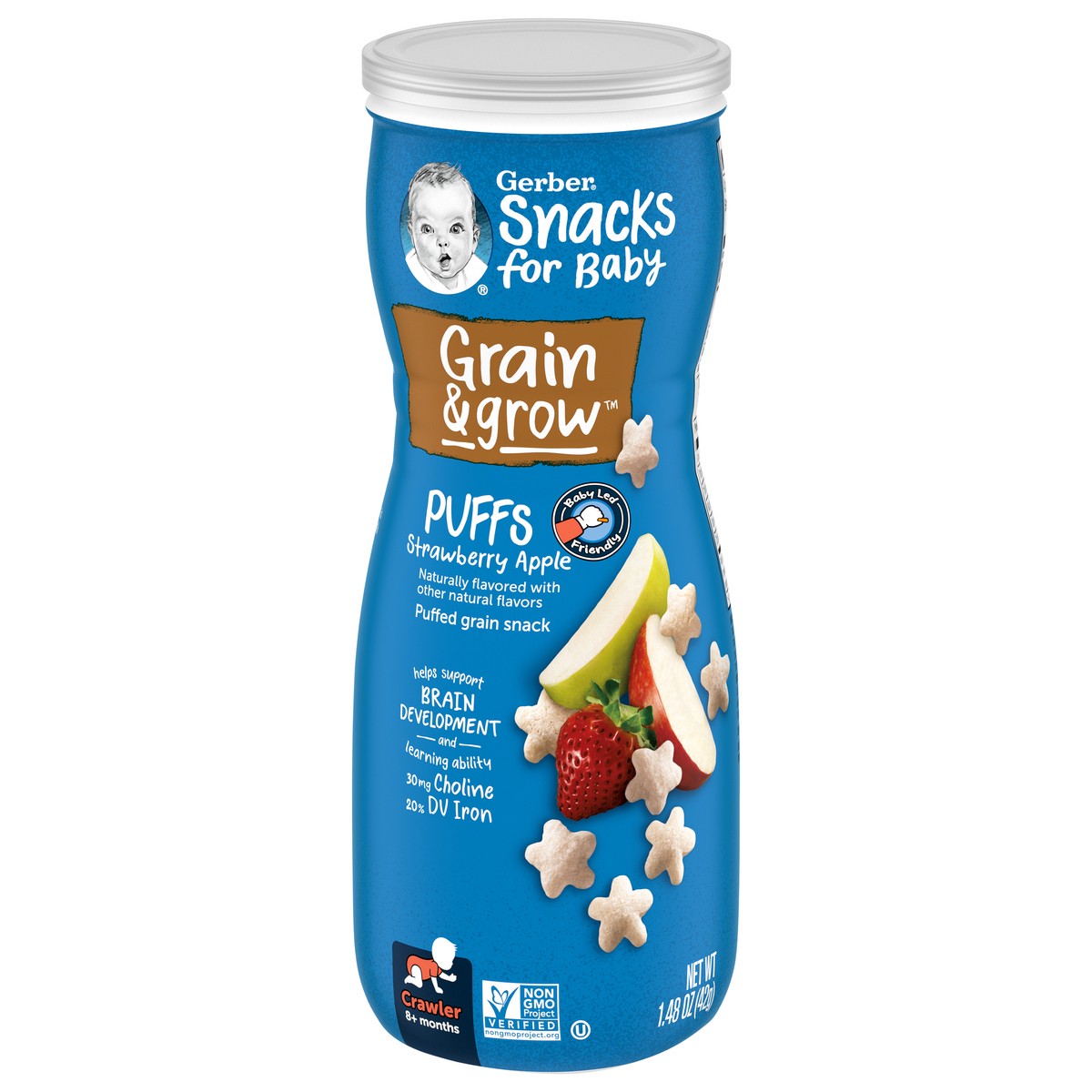 slide 7 of 15, Gerber Snacks For Baby Crawler Grain & Grow Strawberry Apple Puffs Stage 2, 1.48 oz Snacks Canister, 1.48 oz