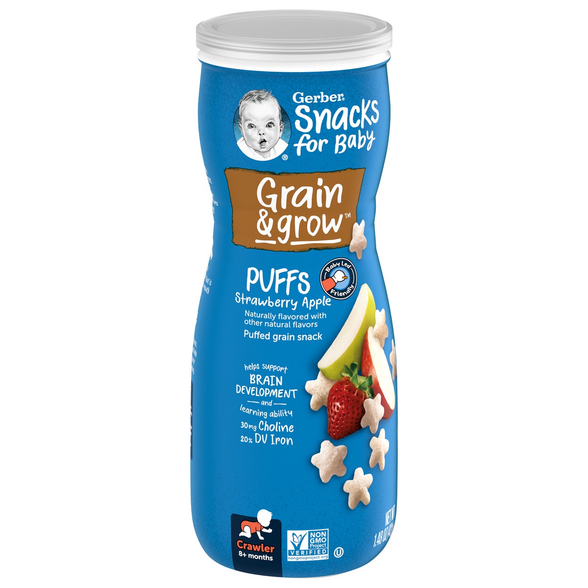 slide 4 of 15, Gerber Snacks For Baby Crawler Grain & Grow Strawberry Apple Puffs Stage 2, 1.48 oz Snacks Canister, 1.48 oz