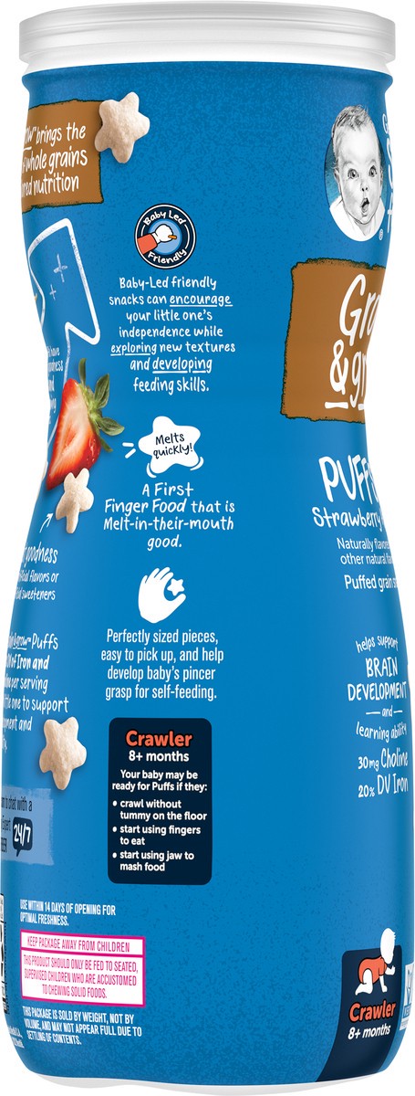 slide 5 of 15, Gerber Snacks For Baby Crawler Grain & Grow Strawberry Apple Puffs Stage 2, 1.48 oz Snacks Canister, 1.48 oz