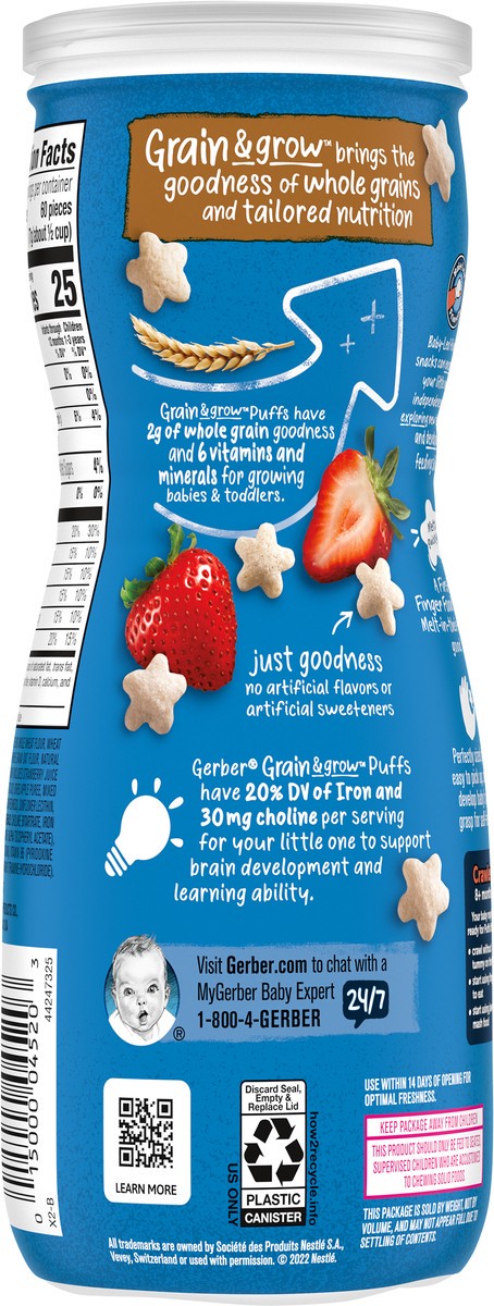 slide 10 of 15, Gerber Snacks For Baby Crawler Grain & Grow Strawberry Apple Puffs Stage 2, 1.48 oz Snacks Canister, 1.48 oz