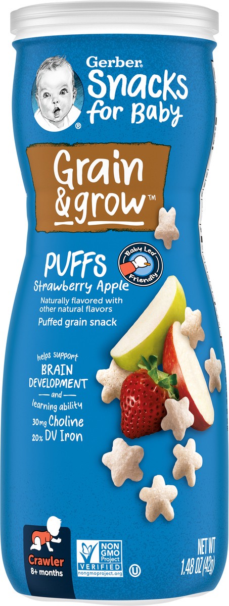 slide 6 of 15, Gerber Snacks For Baby Crawler Grain & Grow Strawberry Apple Puffs Stage 2, 1.48 oz Snacks Canister, 1.48 oz