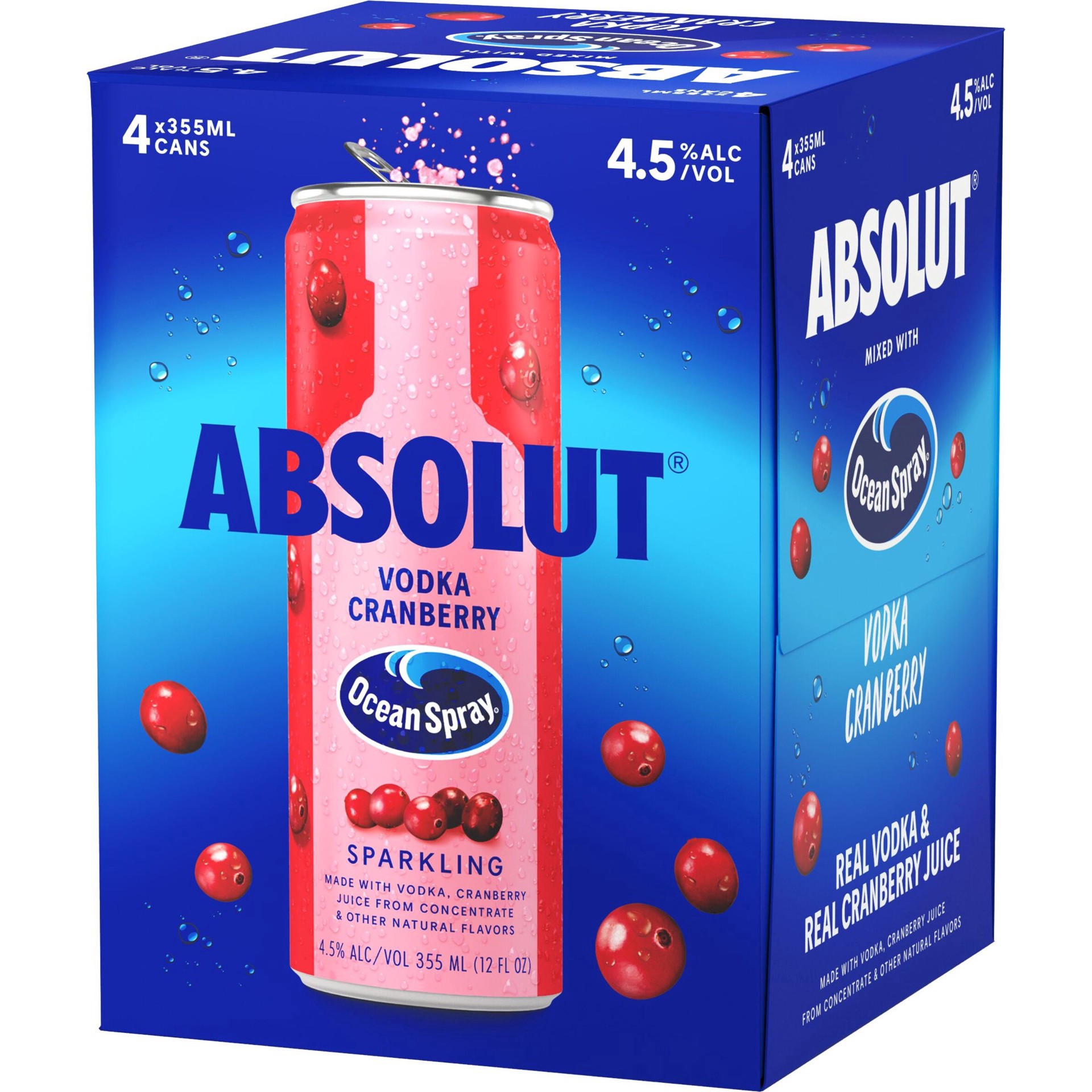 slide 1 of 1, Absolut Cranberry Vodka Ocean Spray, 4 ct; 12 oz