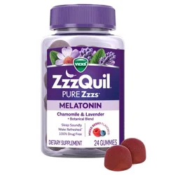 Vicks ZzzQuil PURE Zzzs Melatonin Gummies, Sleep Aid, Melatonin 2mg, with Chamomile & Lavender, Melatonin Sleep Gummies, Sleep Aids for Adults, Wildberry Vanilla Flavored, 24 Sleep Gummies
