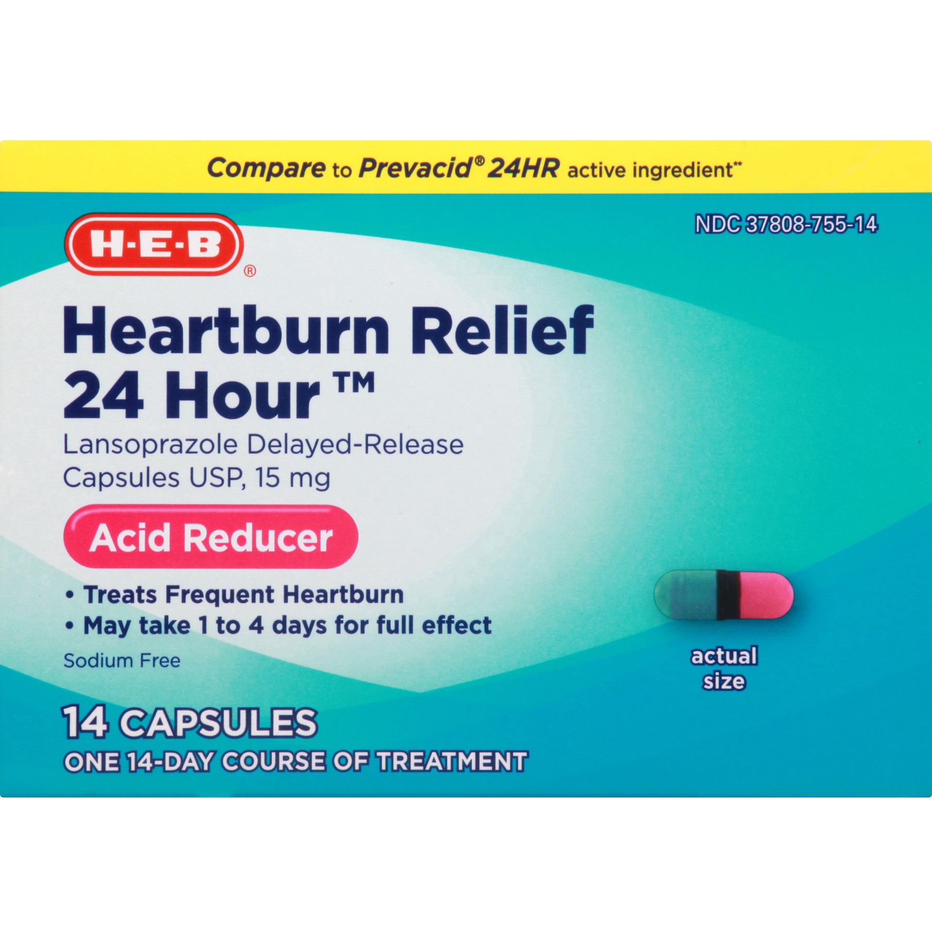 slide 1 of 1, H-E-B Lansoprazole 24 Hour Acid Reducer 15 mg Capsules, 14 ct