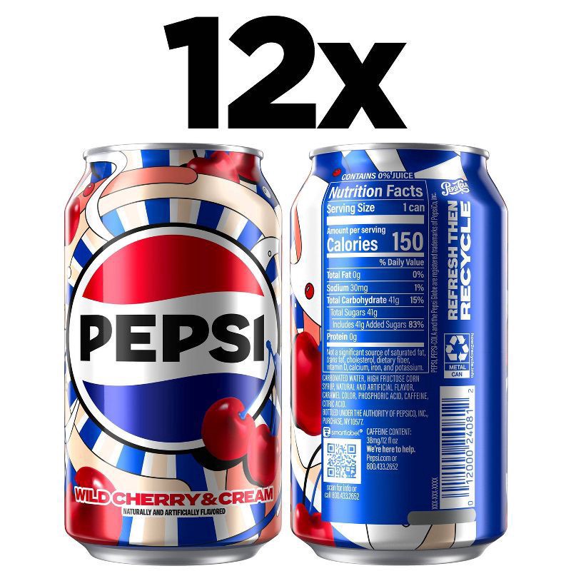 slide 3 of 8, Pepsi Wild Cherry & Cream Zero Sugar 12 Pack Cans, 12 ct; 12 oz