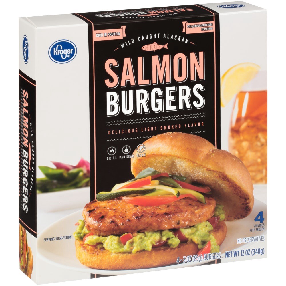 slide 1 of 5, Kroger Salmon Burger, 4 ct; 12 fl oz