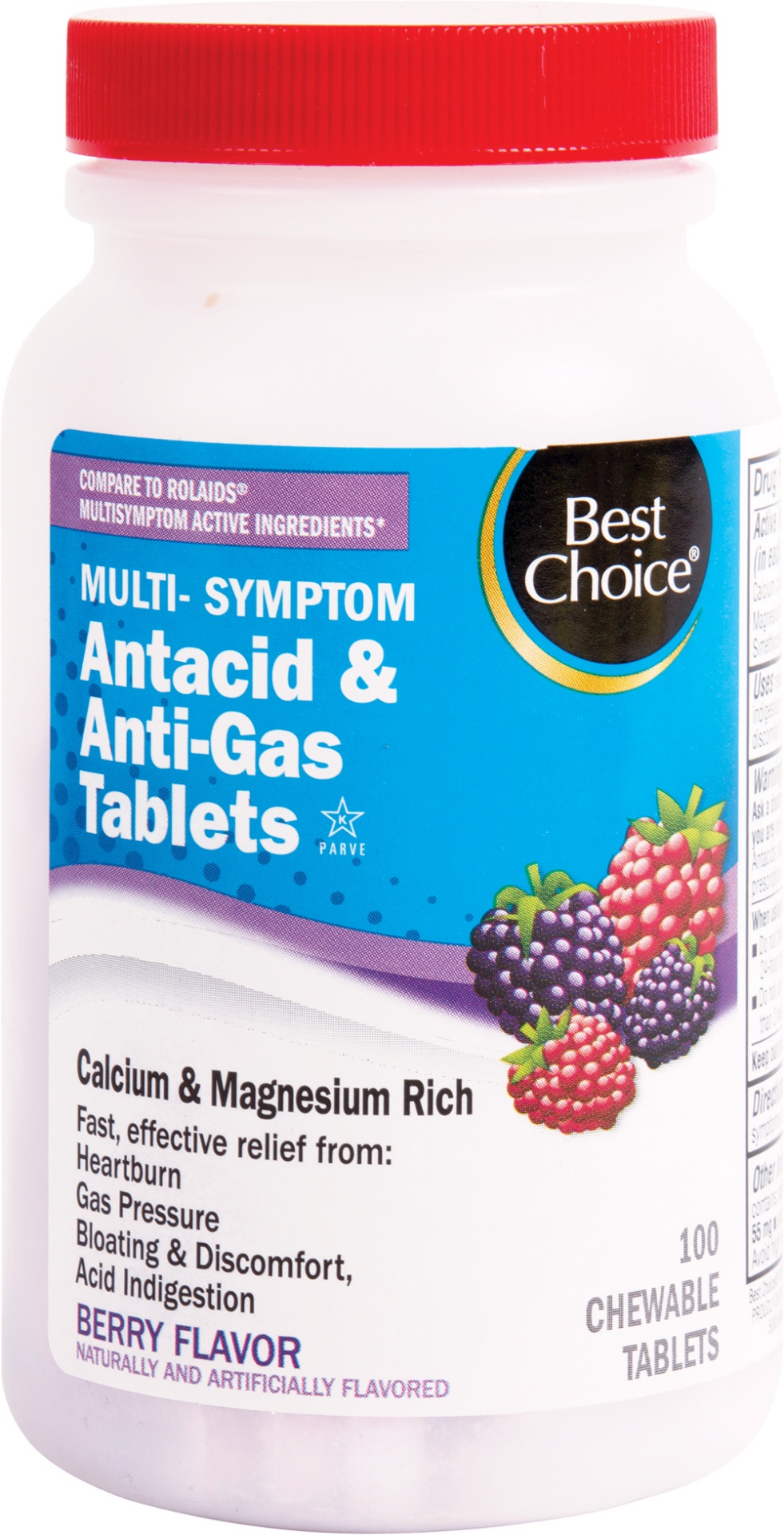 slide 1 of 1, Best Choice Multi Symptom Berry Antacid & Anti Gas Tablets, 100 ct