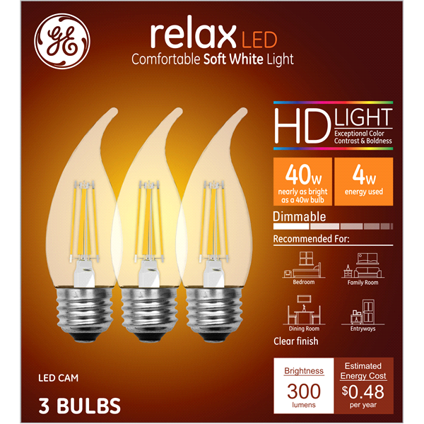 slide 1 of 1, GE RELAX LED HD 40W CAM DECO DIM CLR BENT TIP, 3 ct