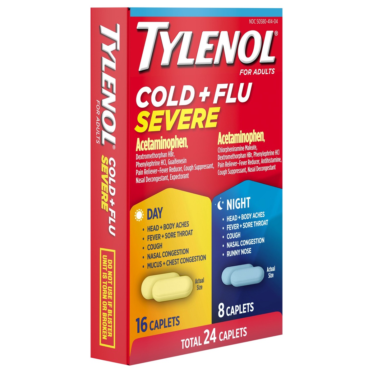 slide 9 of 9, Tylenol Cold + Flu Severe Day & Night Caplets Combo Pack for Multi-Symptom Cold & Flu Symptom Relief, Cough, Sore Throat, and Headache Relief, Acetaminophen Pain Reliever, 24 ct., 24 ct