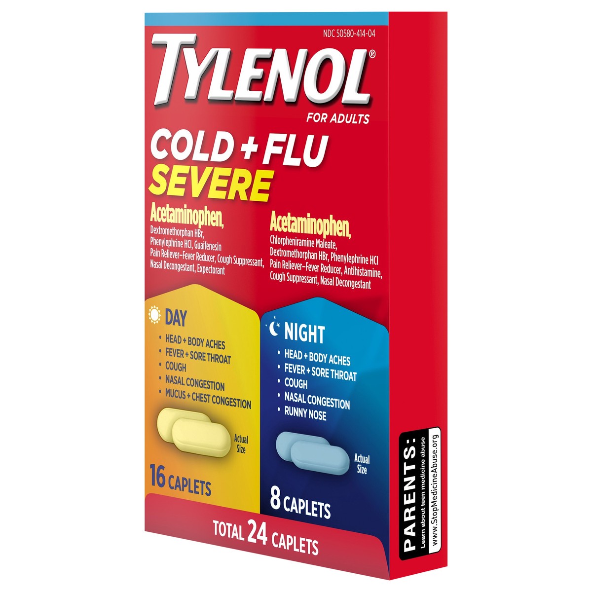 slide 6 of 9, Tylenol Cold + Flu Severe Day & Night Caplets Combo Pack for Multi-Symptom Cold & Flu Symptom Relief, Cough, Sore Throat, and Headache Relief, Acetaminophen Pain Reliever, 24 ct., 24 ct