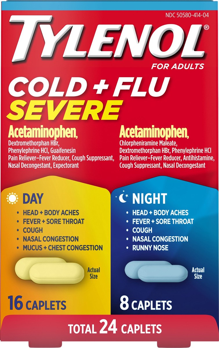 slide 4 of 9, Tylenol Cold + Flu Severe Day & Night Caplets Combo Pack for Multi-Symptom Cold & Flu Symptom Relief, Cough, Sore Throat, and Headache Relief, Acetaminophen Pain Reliever, 24 ct., 24 ct