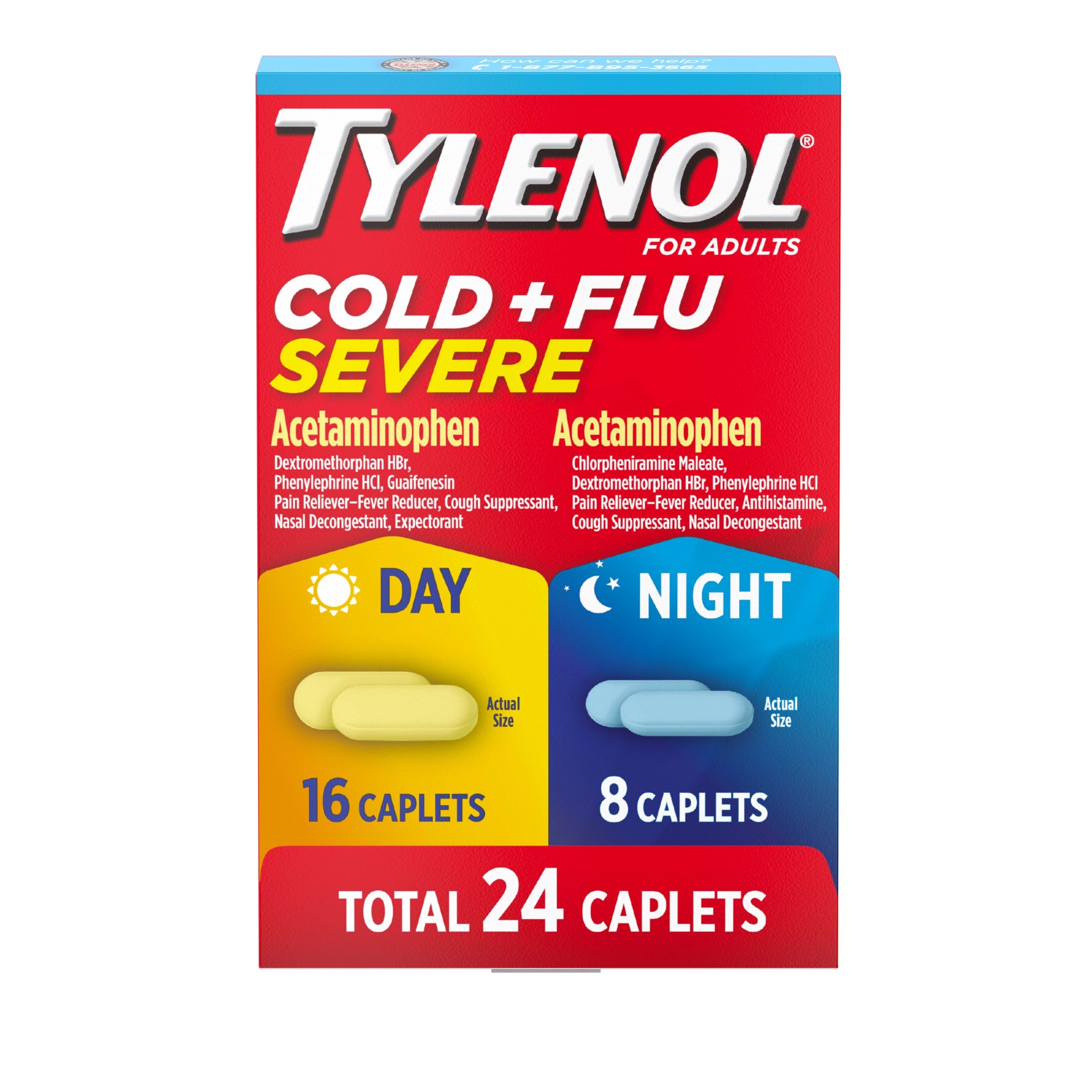 slide 1 of 9, Tylenol Cold + Flu Severe Day & Night Caplets Combo Pack for Multi-Symptom Cold & Flu Symptom Relief, Cough, Sore Throat, and Headache Relief, Acetaminophen Pain Reliever, 24 ct., 24 ct