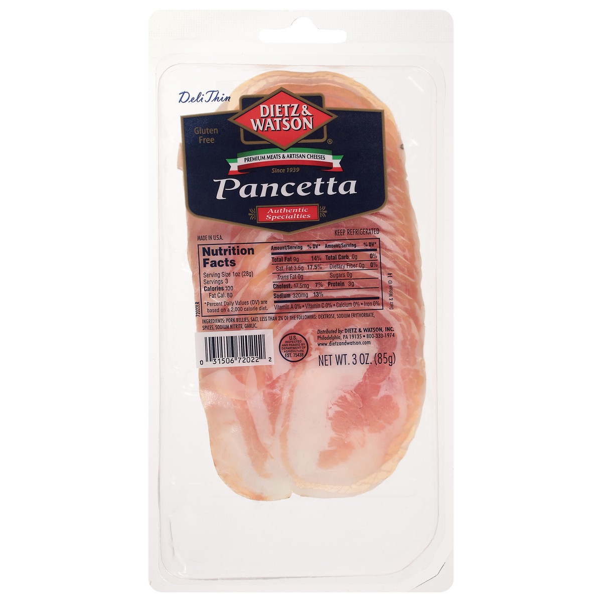 slide 8 of 14, Dietz & Watson Deli Thin Authentic Specialties Pancetta 3 oz, 3 oz
