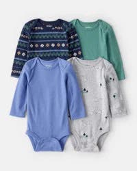 Carter's Baby Boy 4-Pack Fair Isle Long-Sleeve Bodysuits - Blue/Navy/Green, Grey/Navy/Green, 9M