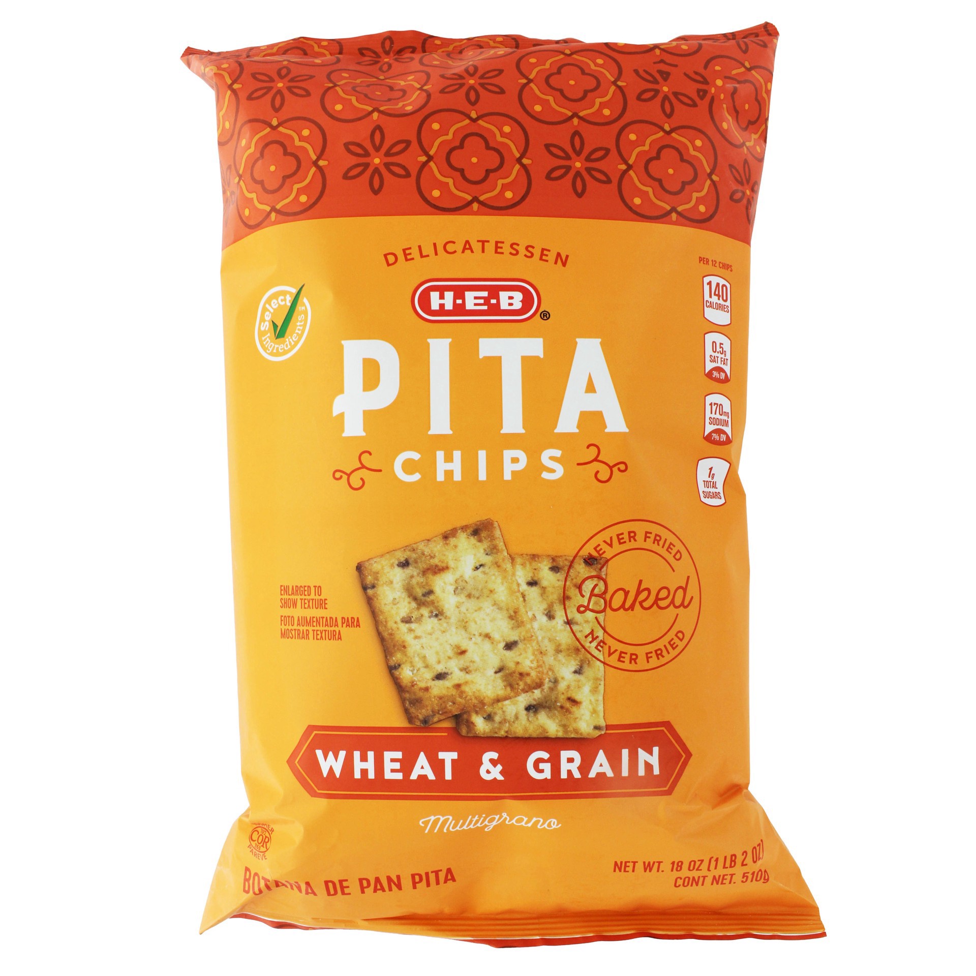 slide 1 of 1, H-E-B Select Ingredients Pita Chips, Wheat, 18 oz