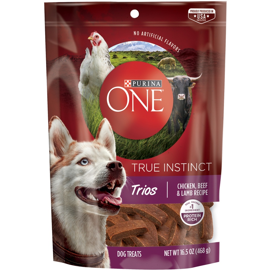 slide 1 of 1, Purina ONE True Instinct Trios Chicken / Beef / Lamb Dog Treats, 16.5 oz