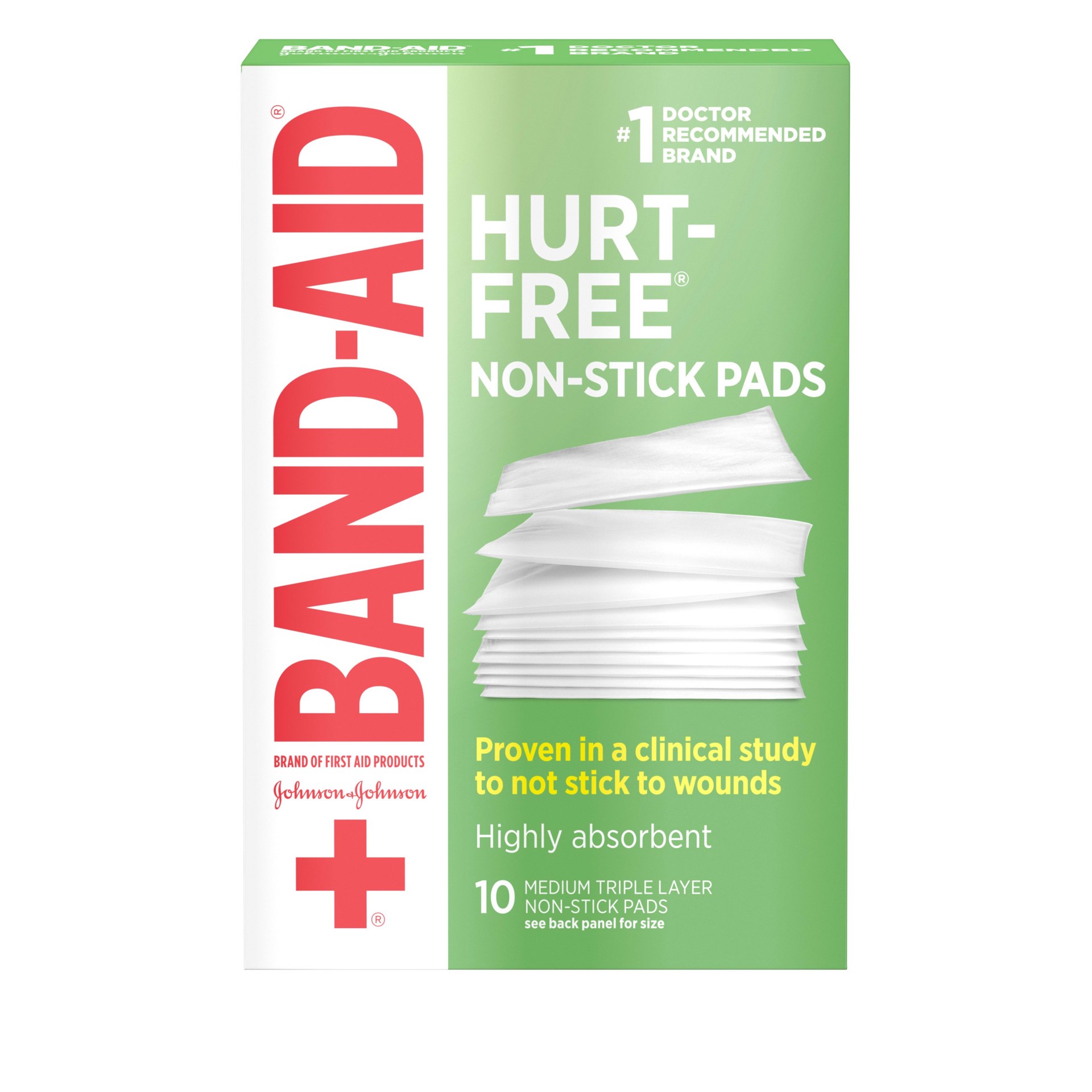 slide 1 of 7, BAND-AID Hurt-Free Non-Stick Pads with Hurt-Free Design for Wound Care & Wound Protection, Highly-Absorbent Individually-Wrapped Sterile Pads, Medium Size, 2 inches x 3 inches, 10 ct, 10 ct