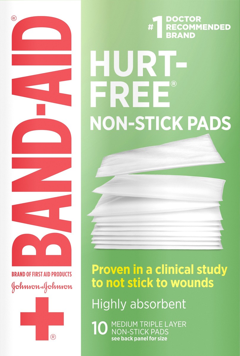 slide 2 of 7, BAND-AID Hurt-Free Non-Stick Pads with Hurt-Free Design for Wound Care & Wound Protection, Highly-Absorbent Individually-Wrapped Sterile Pads, Medium Size, 2 inches x 3 inches, 10 ct, 10 ct