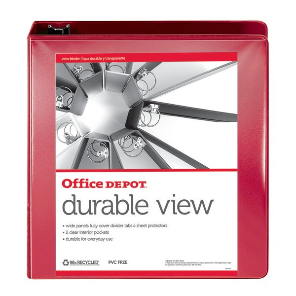 slide 3 of 5, Office Depot Brand Durable View Round-Ring Binder, 2'' Rings, Red, 2 in