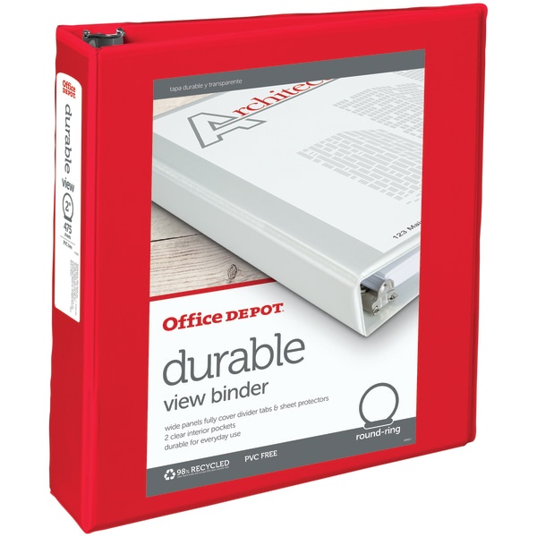 slide 1 of 5, Office Depot Brand Durable View Round-Ring Binder, 2'' Rings, Red, 2 in