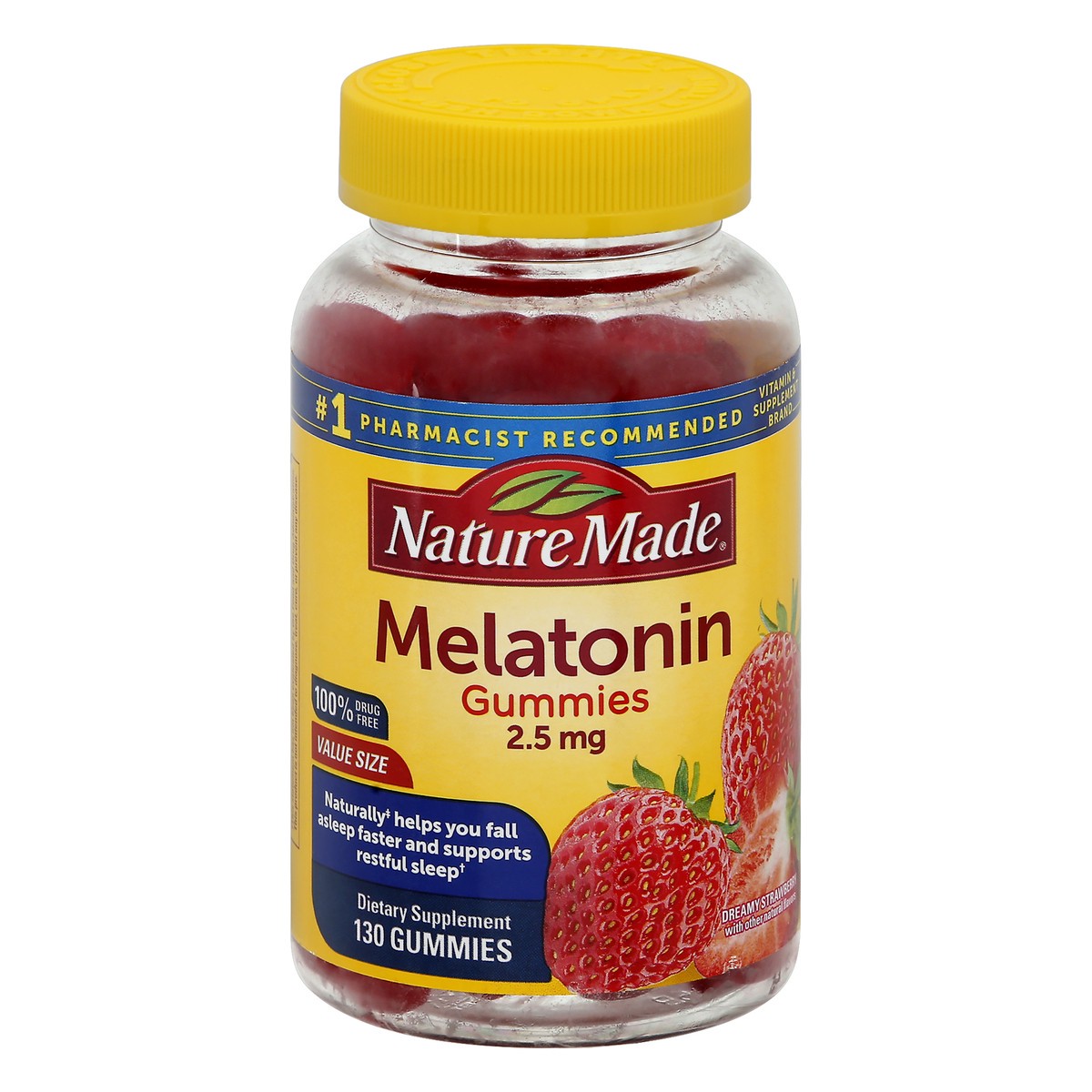 slide 3 of 12, Nature Made Melatonin 2.5 mg Gummies, 100% Drug Free Sleep Aid for Adults, 130 Gummies, 130 Day Supply, 130 ct
