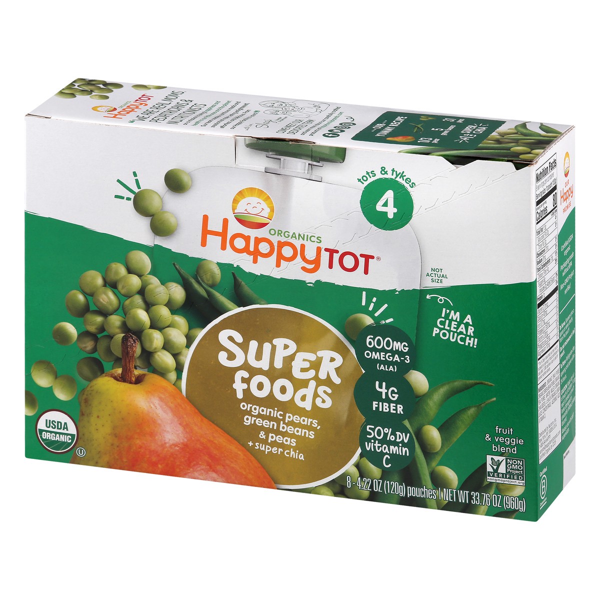 slide 3 of 12, Happy Tot Organics Super Foods 4 (Tots & Tykes) Pears, Green Beans & Peas + Super Chia Fruit & Veggie Blend 8 ea, 8 ct