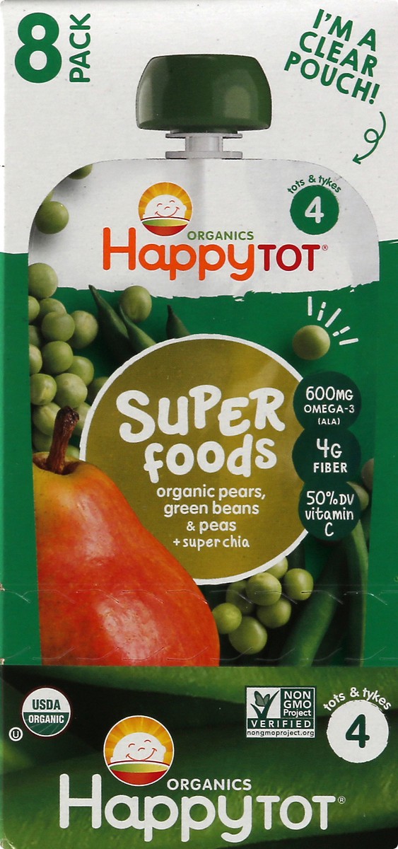 slide 11 of 12, Happy Tot Organics Super Foods 4 (Tots & Tykes) Pears, Green Beans & Peas + Super Chia Fruit & Veggie Blend 8 ea, 8 ct