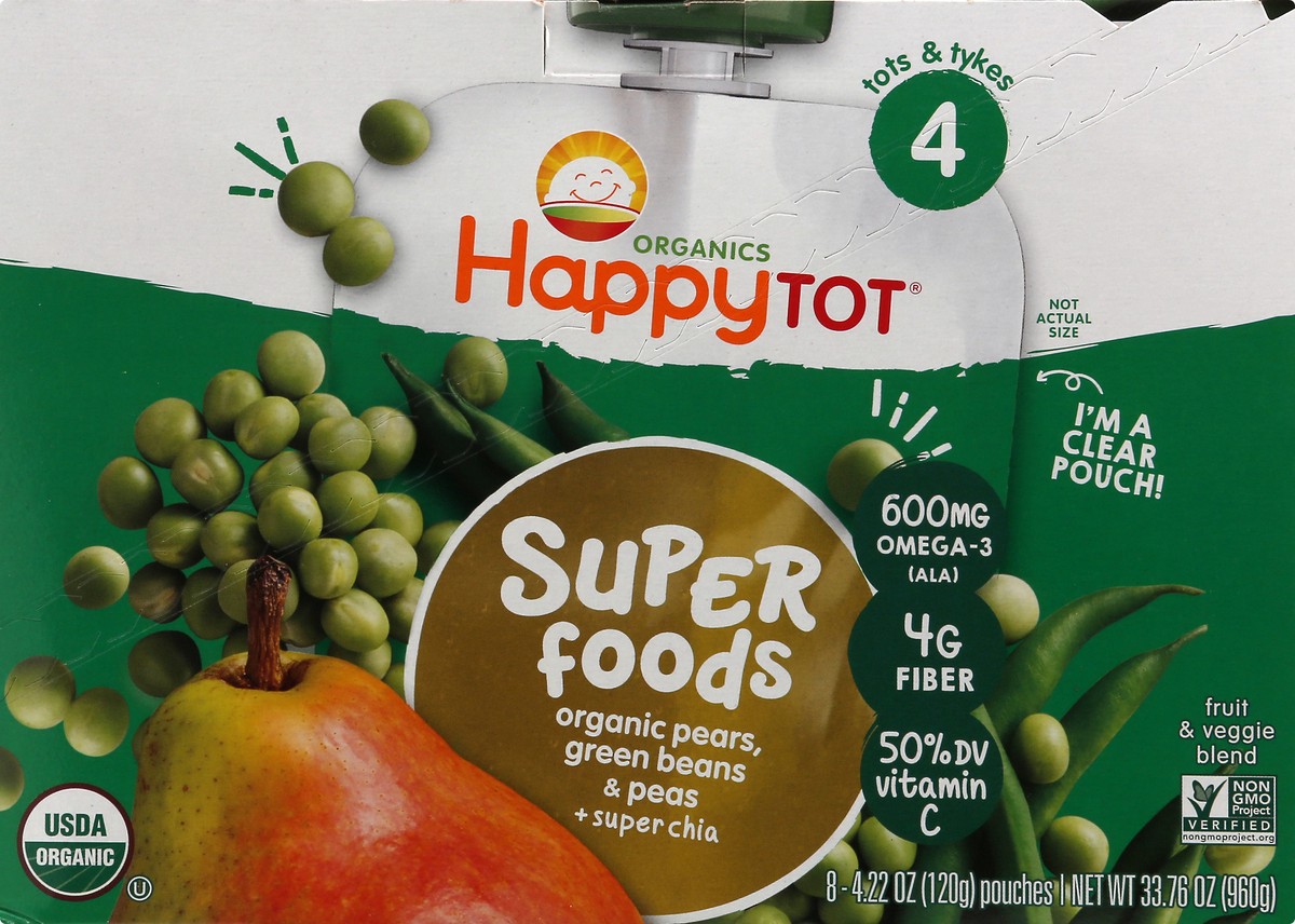 slide 6 of 12, Happy Tot Organics Super Foods 4 (Tots & Tykes) Pears, Green Beans & Peas + Super Chia Fruit & Veggie Blend 8 ea, 8 ct