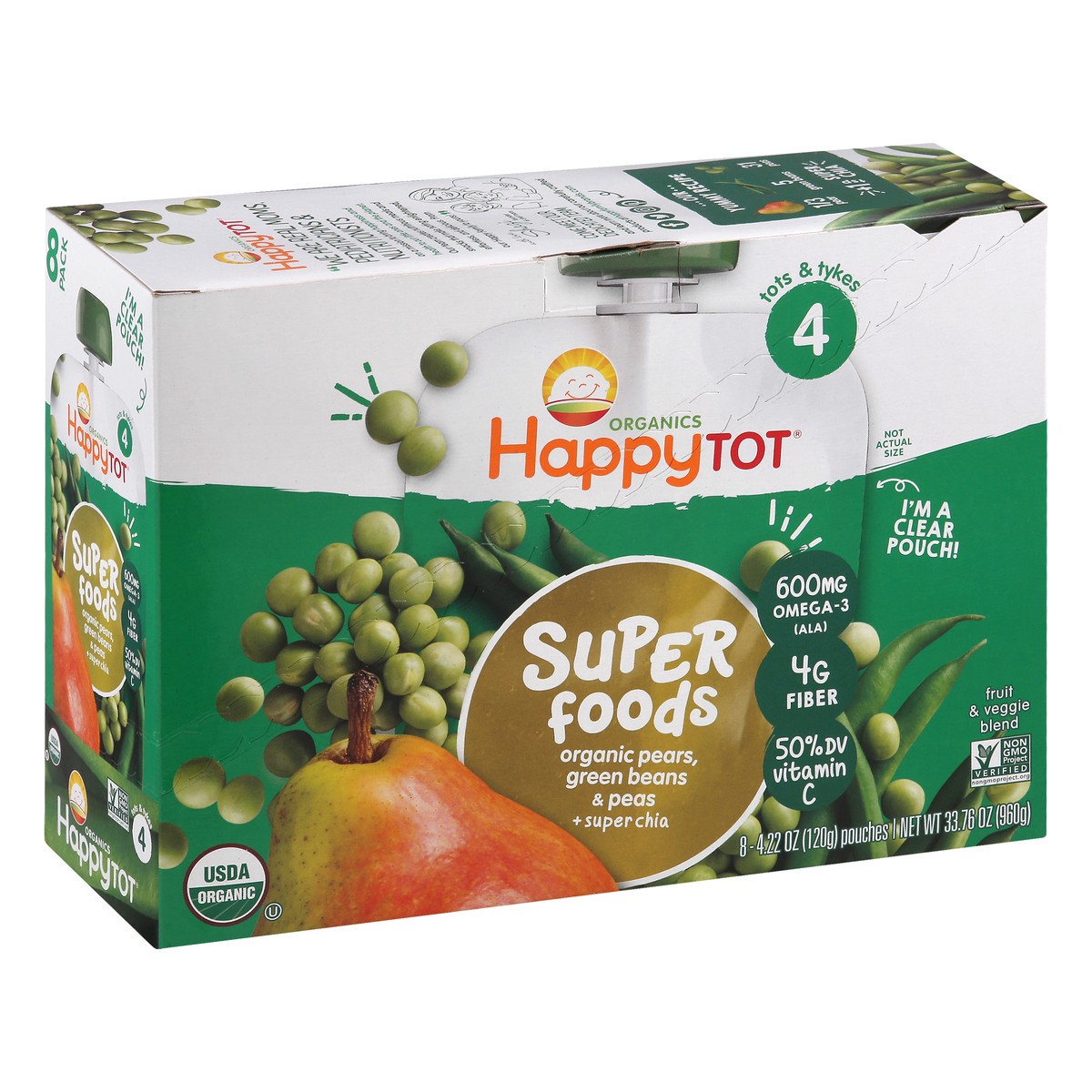 slide 8 of 12, Happy Tot Organics Super Foods 4 (Tots & Tykes) Pears, Green Beans & Peas + Super Chia Fruit & Veggie Blend 8 ea, 8 ct