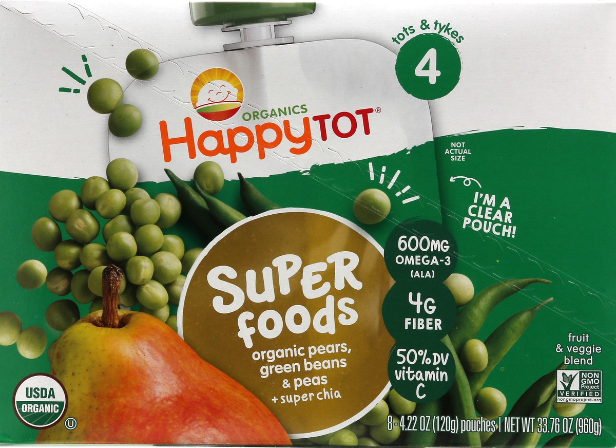 slide 10 of 12, Happy Tot Organics Super Foods 4 (Tots & Tykes) Pears, Green Beans & Peas + Super Chia Fruit & Veggie Blend 8 ea, 8 ct