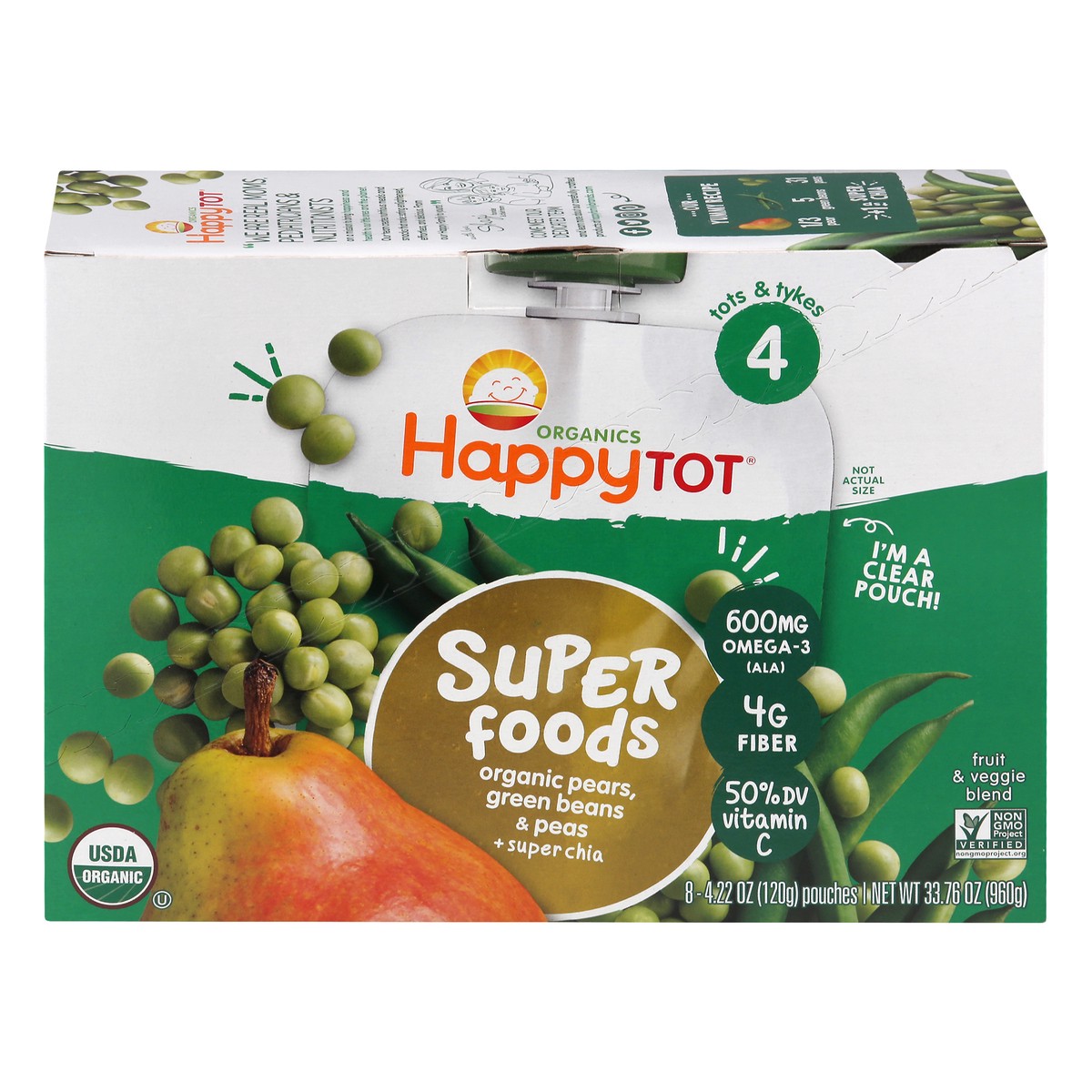 slide 1 of 12, Happy Tot Organics Super Foods 4 (Tots & Tykes) Pears, Green Beans & Peas + Super Chia Fruit & Veggie Blend 8 ea, 8 ct