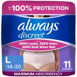 Always Discreet Adult Incontinence Underwear for Women and Postpartum Underwear, L, Up to 100% Bladder Leak Protection, 11 CT