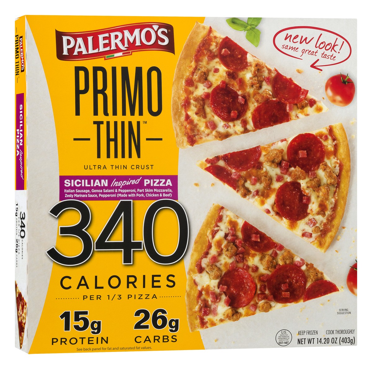 slide 9 of 11, Palermo's Primo Thin Ultra Thin Crust Three Meat Pizza Pizza 14.20 oz, 14.2 oz