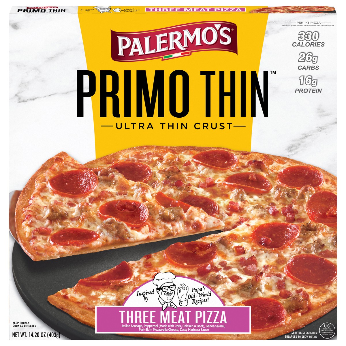 slide 1 of 11, Palermo's Primo Thin Ultra Thin Crust Three Meat Pizza Pizza 14.20 oz, 14.2 oz